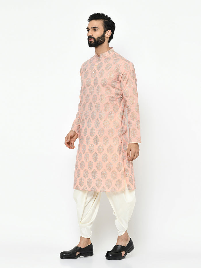 Peach Silk Blend Printed Kurta Dhoti
