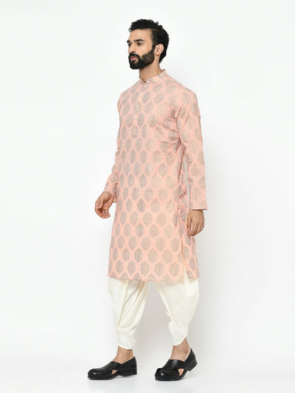 Peach Silk Blend Printed Kurta Dhoti