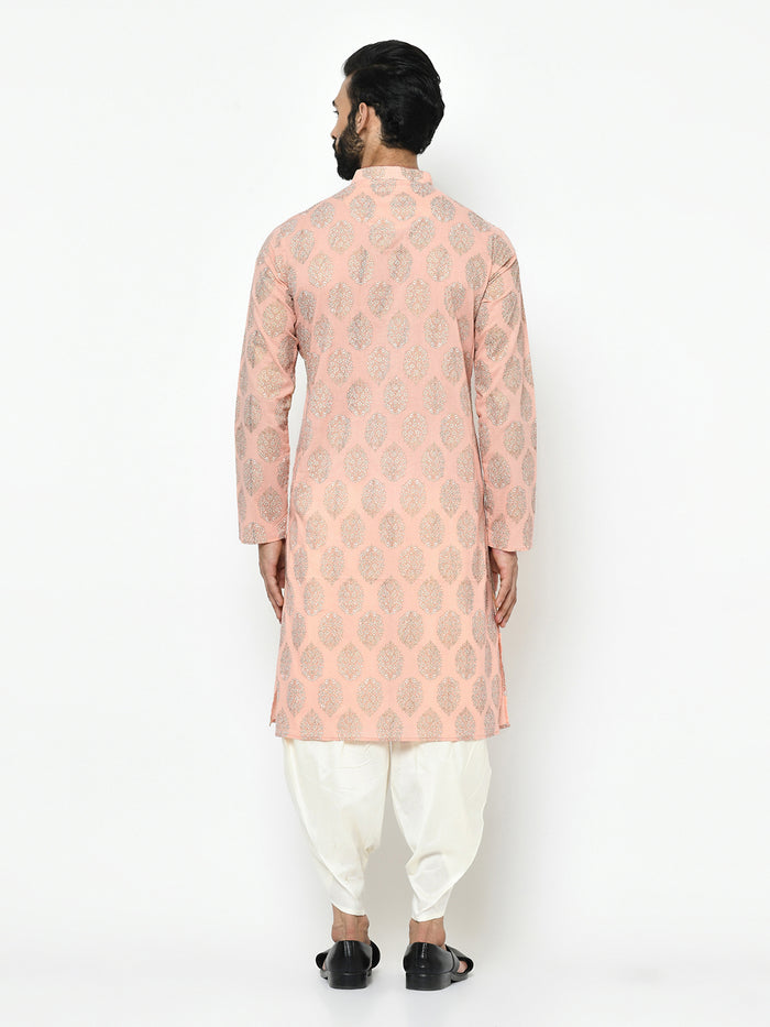 Peach Silk Blend Printed Kurta Dhoti