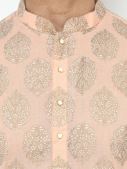Peach Silk Blend Printed Kurta Dhoti