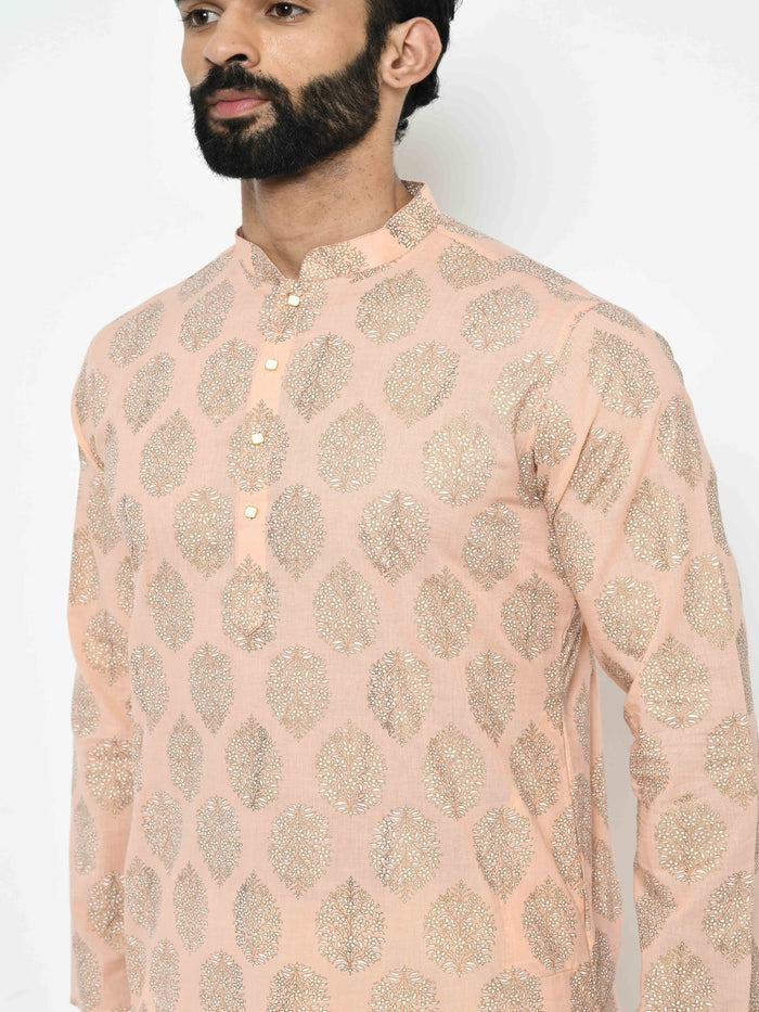 Peach Silk Blend Printed Kurta Dhoti