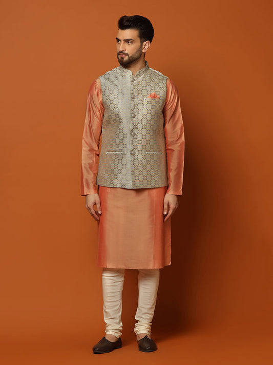 Peach Silk Blend Textured Nehru Jacket Kurta Churidar