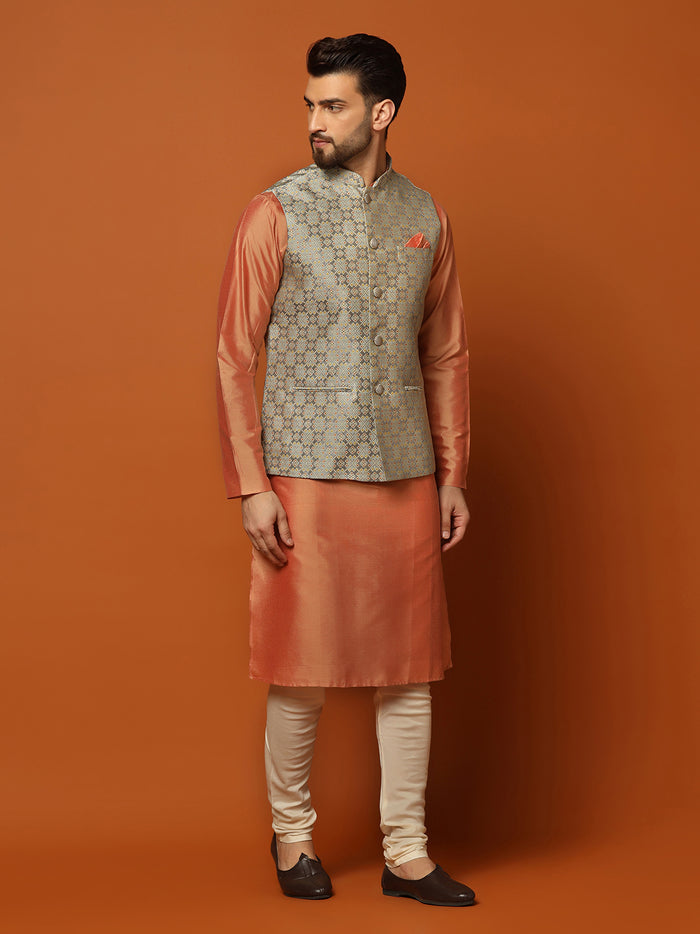 Peach Silk Blend Textured Nehru Jacket Kurta Churidar