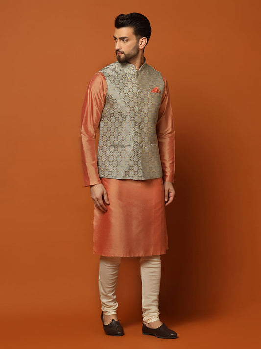 Peach Silk Blend Textured Nehru Jacket Kurta Churidar