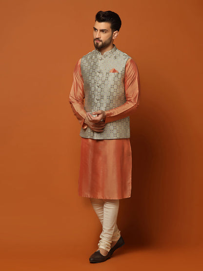 Peach Silk Blend Textured Nehru Jacket Kurta Churidar