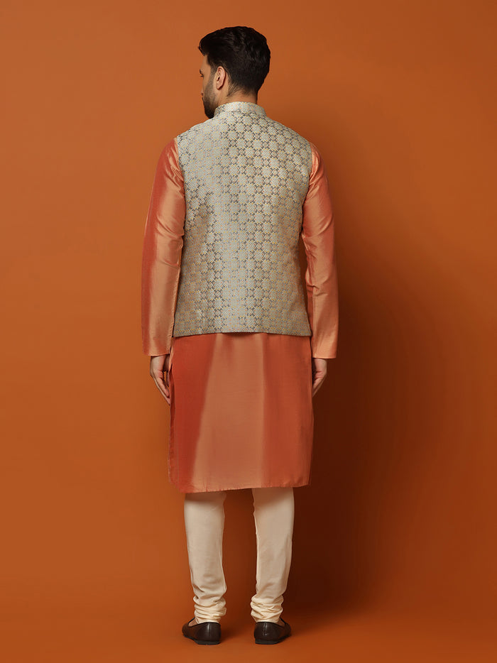Peach Silk Blend Textured Nehru Jacket Kurta Churidar