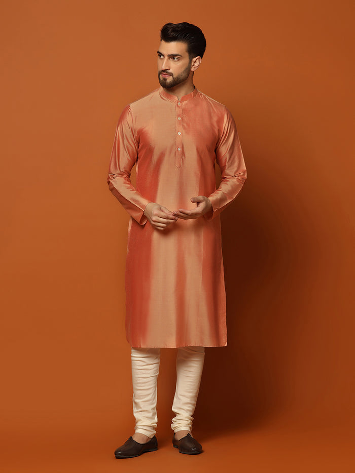 Peach Silk Blend Textured Nehru Jacket Kurta Churidar
