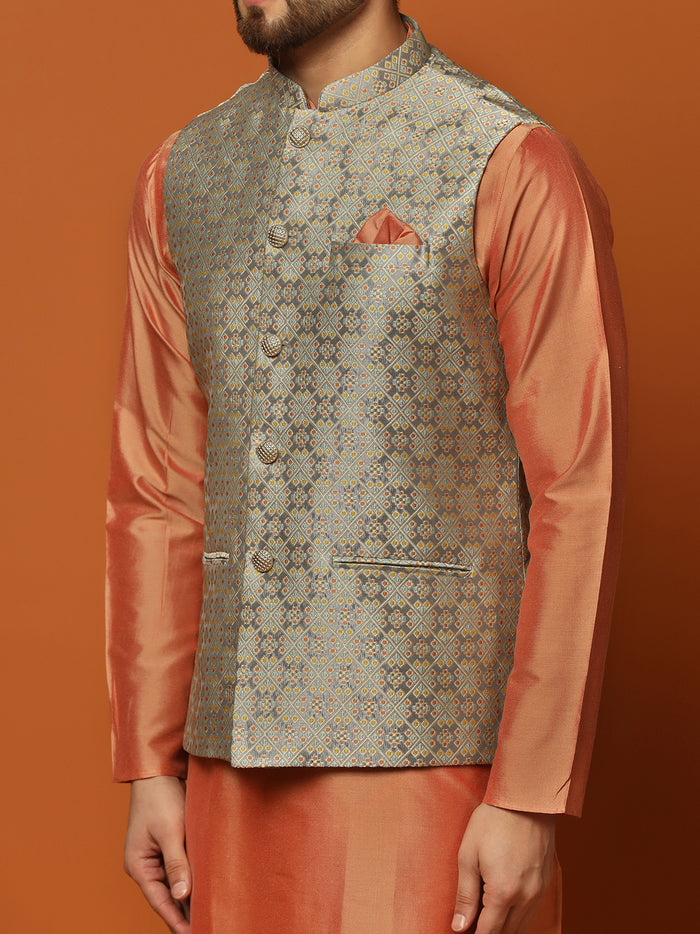 Peach Silk Blend Textured Nehru Jacket Kurta Churidar