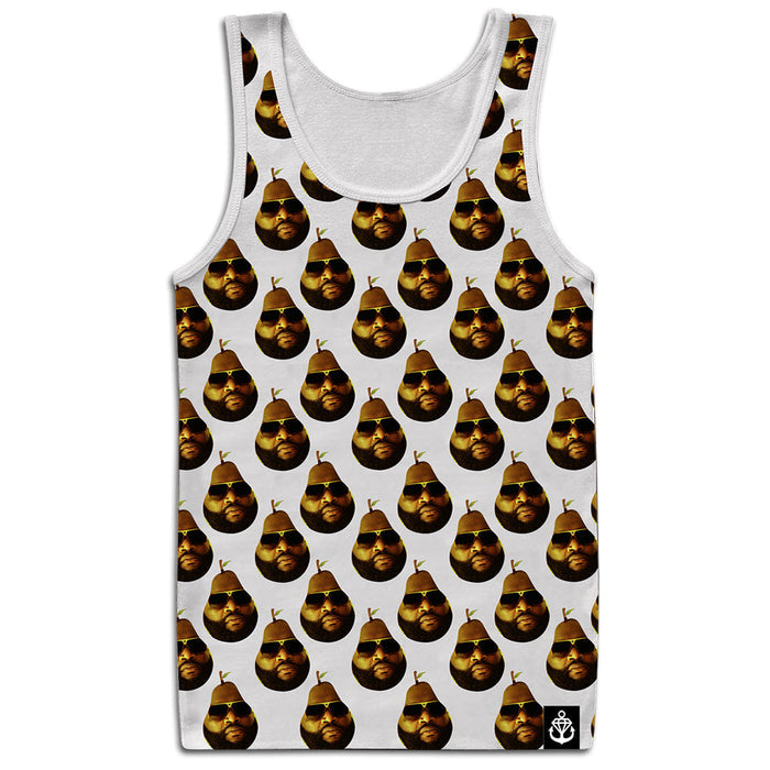 A Pear White tank top by Stay Sick Clothing, featuring a repeating print of a man’s face in gold sunglasses and hat, plus a small white anchor logo at the bottom right—ideal for a standout Final Print.