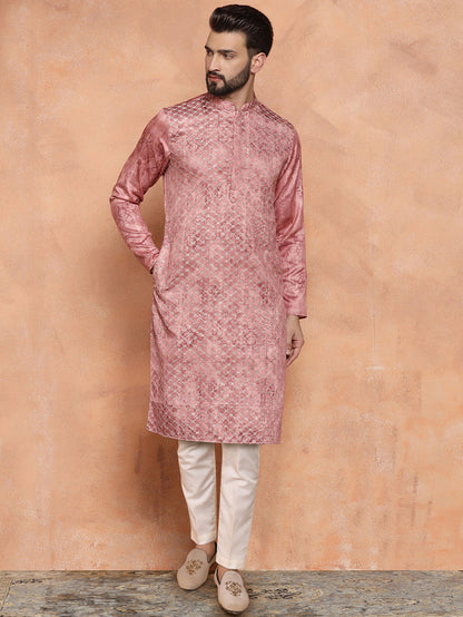 Pink Cotton Blend Metallic Kurta Trouser Set