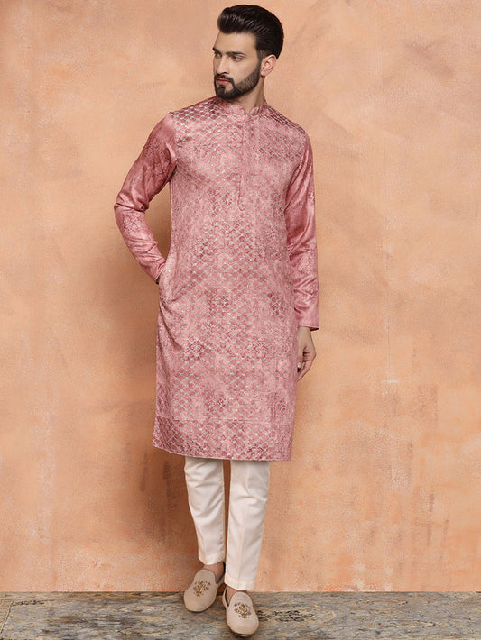 Pink Cotton Blend Metallic Kurta Trouser Set