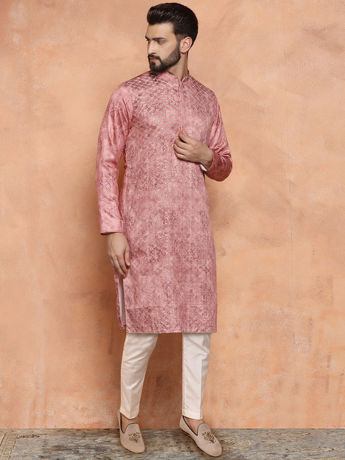Pink Cotton Blend Metallic Kurta Trouser Set