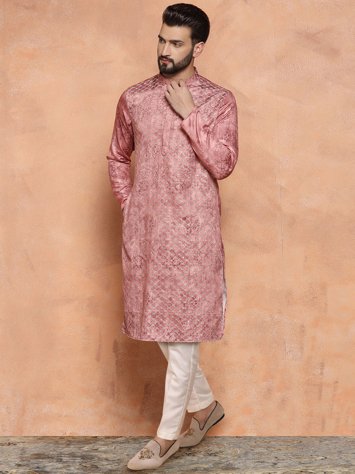 Pink Cotton Blend Metallic Kurta Trouser Set