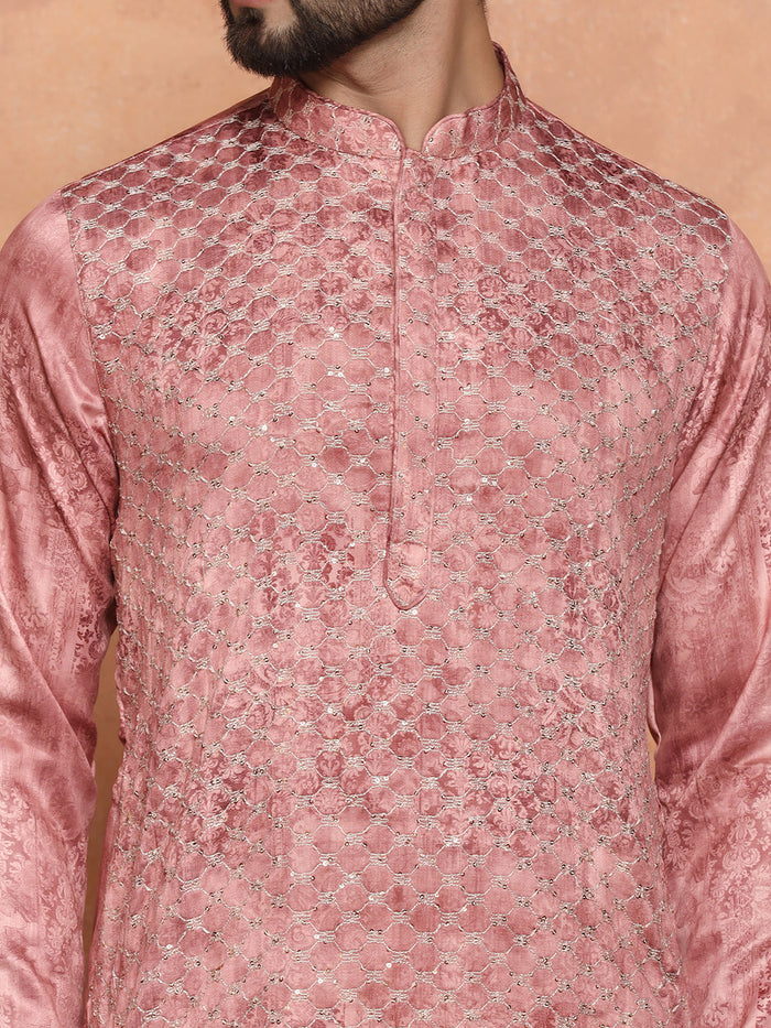 Pink Cotton Blend Metallic Kurta Trouser Set