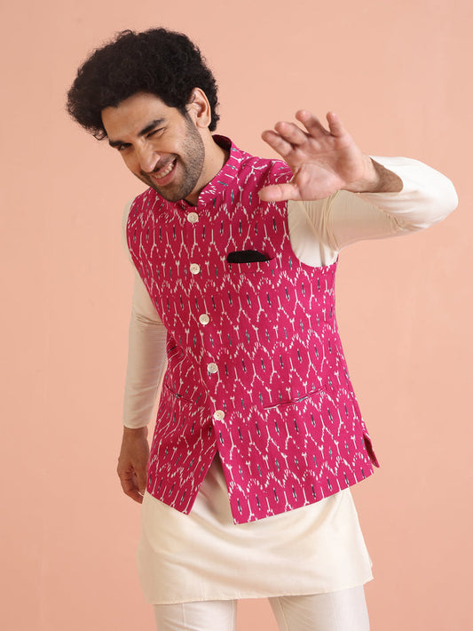 Pink Cotton Silk Ikat Printed Nehru Jacket
