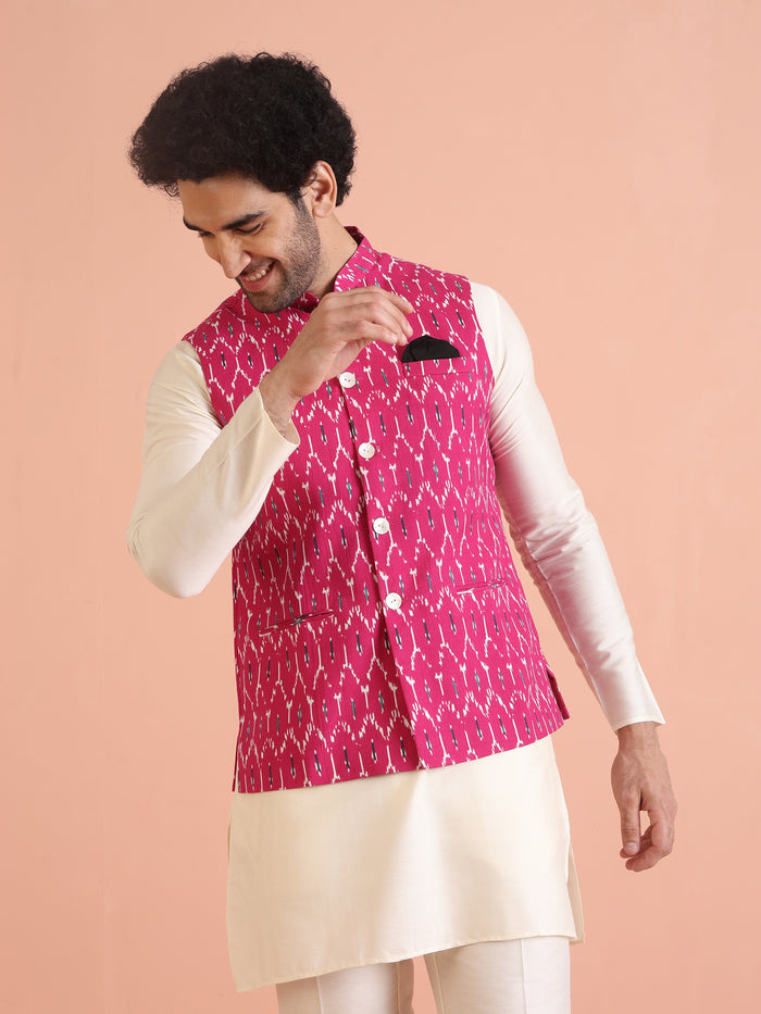 Pink Cotton Silk Ikat Printed Nehru Jacket