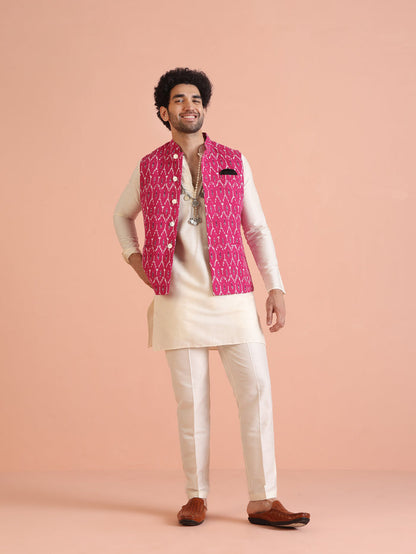 Pink Cotton Silk Ikat Printed Nehru Jacket