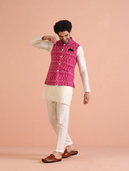 Pink Cotton Silk Ikat Printed Nehru Jacket