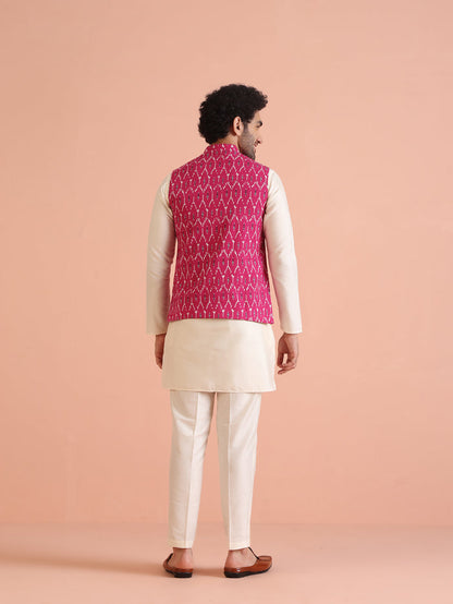 Pink Cotton Silk Ikat Printed Nehru Jacket