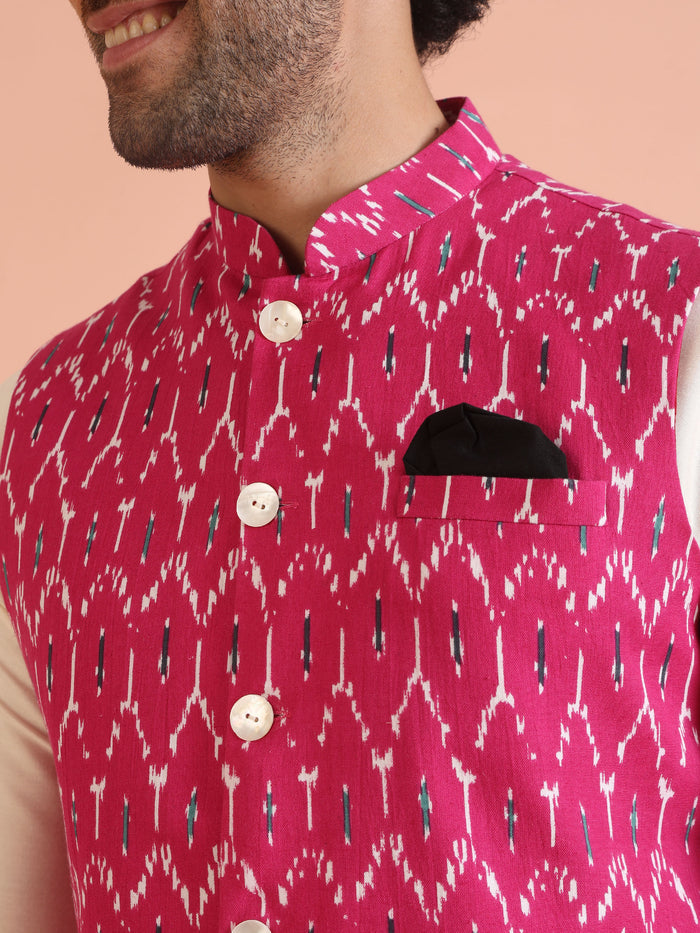 Pink Cotton Silk Ikat Printed Nehru Jacket