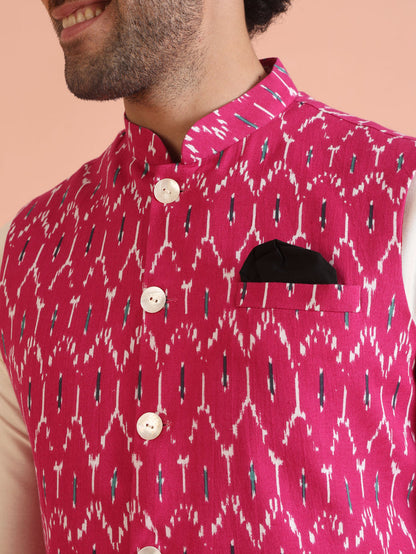 Pink Cotton Silk Ikat Printed Nehru Jacket