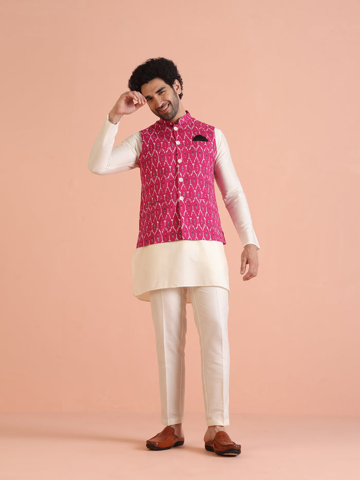 Pink Cotton Silk Ikat Printed Nehru Jacket