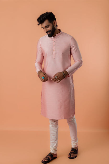Pink Cotton Silk Kurta with White Printed Nehru Jacket Churidar