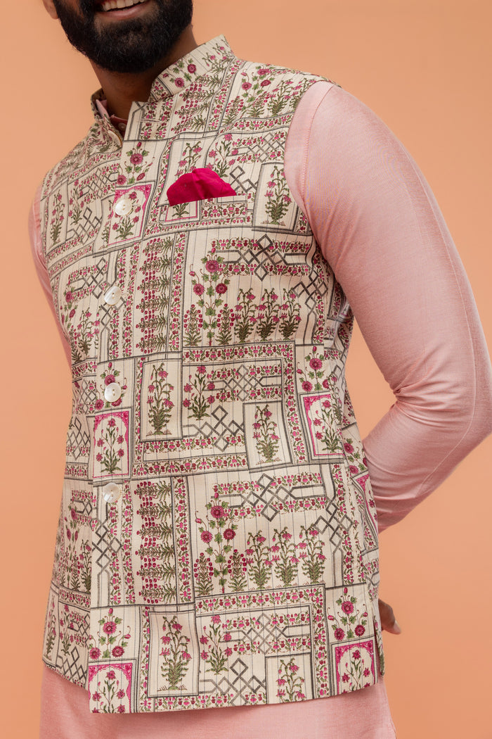 Pink Cotton Silk Kurta with White Printed Nehru Jacket Churidar