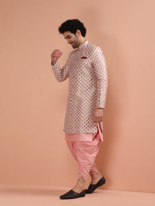 Pink Cotton Silk Printed Sherwani Kurta Dhoti Set