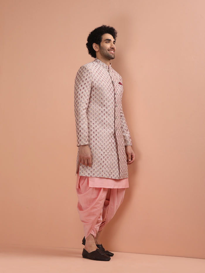 Pink Cotton Silk Printed Sherwani Kurta Dhoti Set