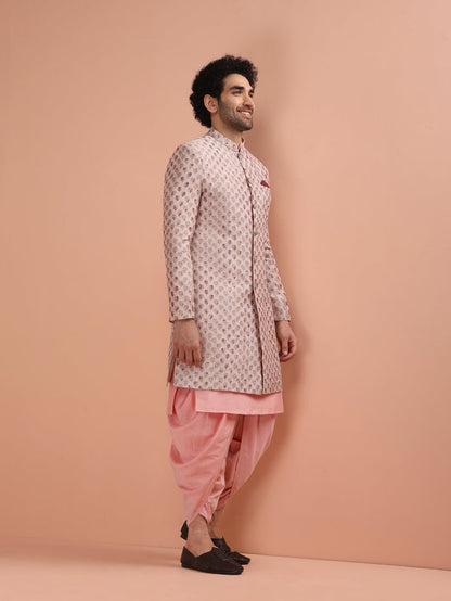 Pink Cotton Silk Printed Sherwani Kurta Dhoti Set