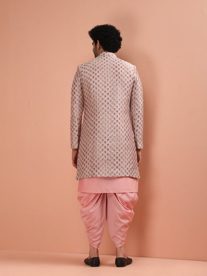 Pink Cotton Silk Printed Sherwani Kurta Dhoti Set