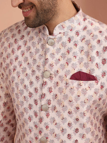 Pink Cotton Silk Printed Sherwani Kurta Dhoti Set