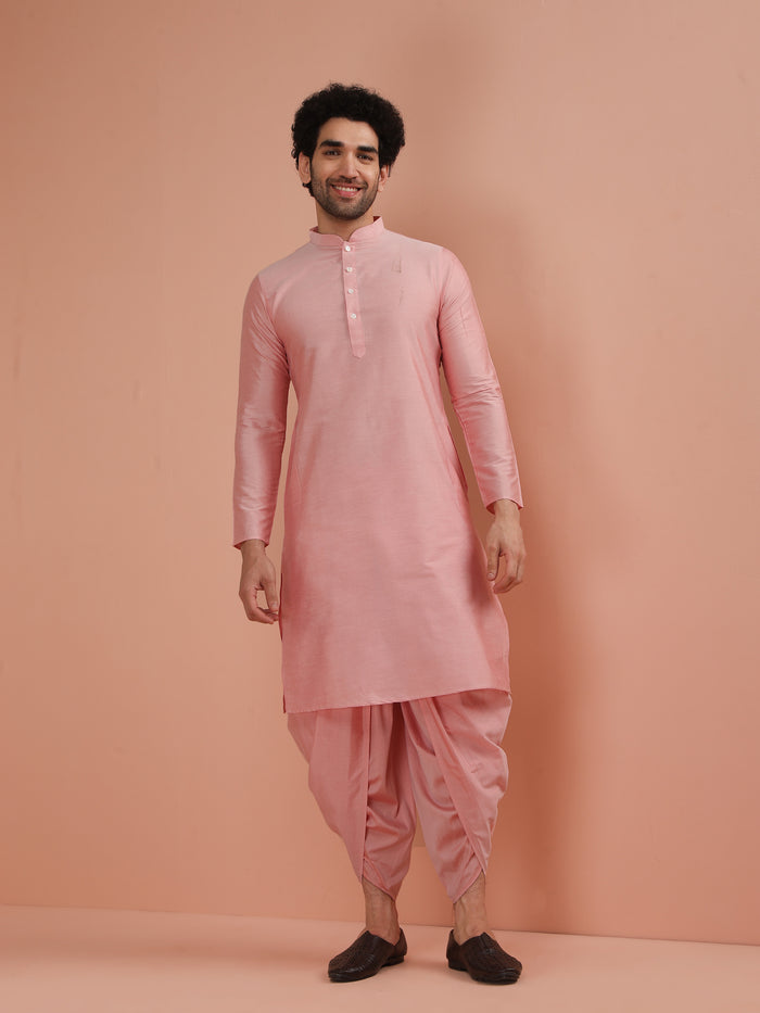 Pink Cotton Silk Printed Sherwani Kurta Dhoti Set