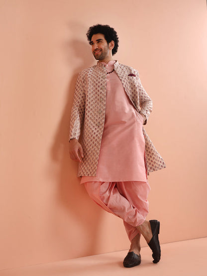 Pink Cotton Silk Printed Sherwani Kurta Dhoti Set