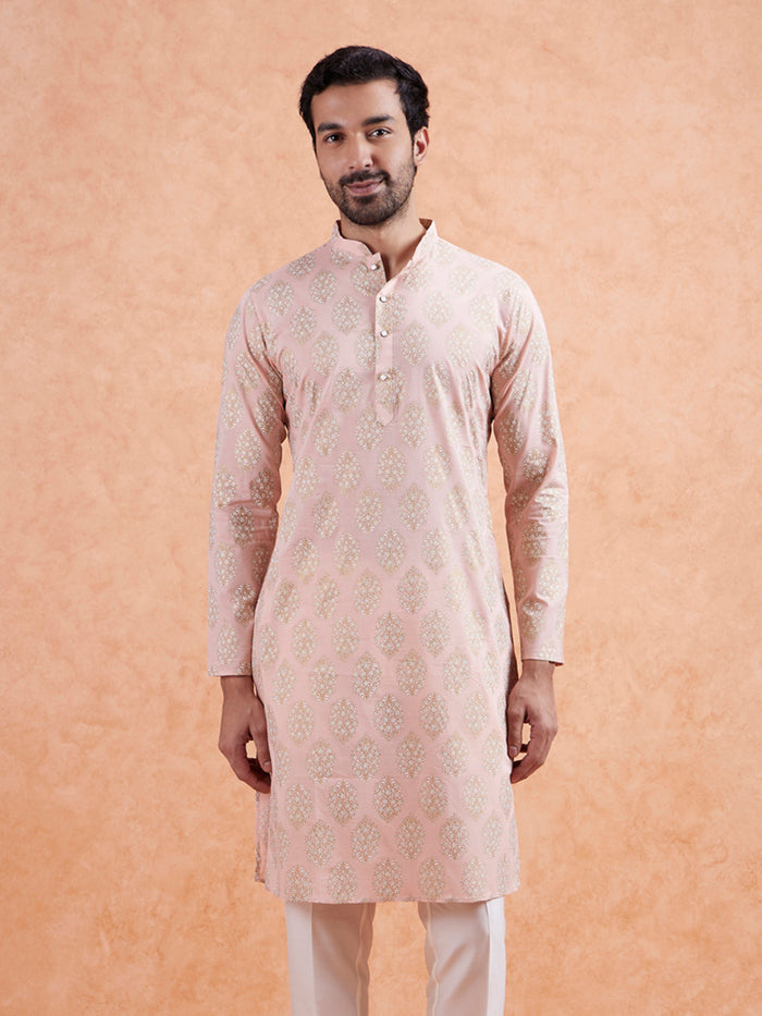 Pink Cotton Silk Woven Long Kurta