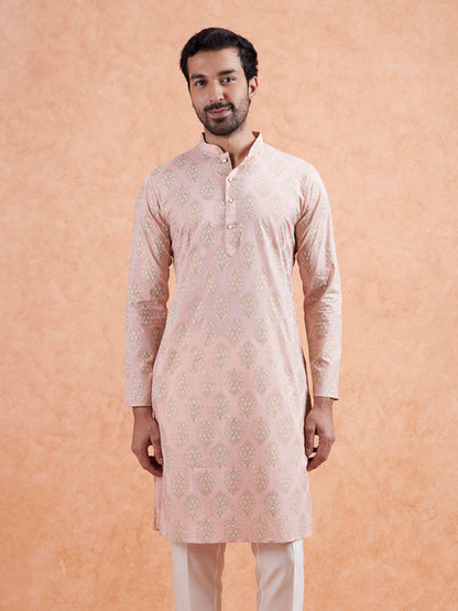 Pink Cotton Silk Woven Long Kurta