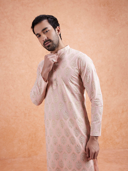 Pink Cotton Silk Woven Long Kurta