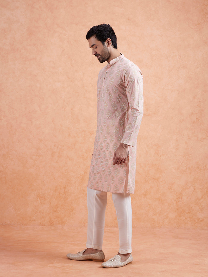 Pink Cotton Silk Woven Long Kurta