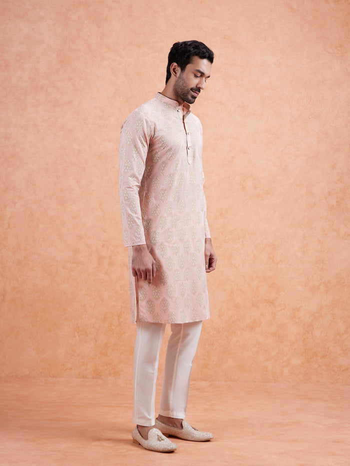 Pink Cotton Silk Woven Long Kurta