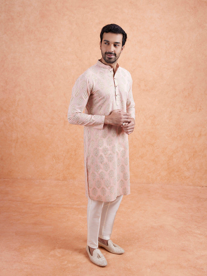 Pink Cotton Silk Woven Long Kurta