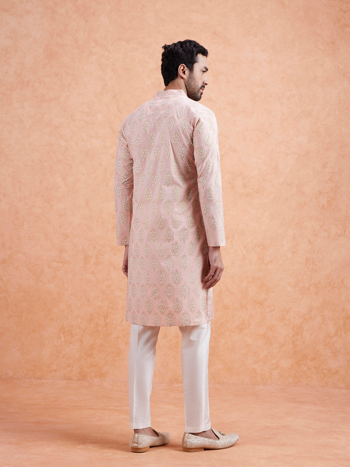 Pink Cotton Silk Woven Long Kurta