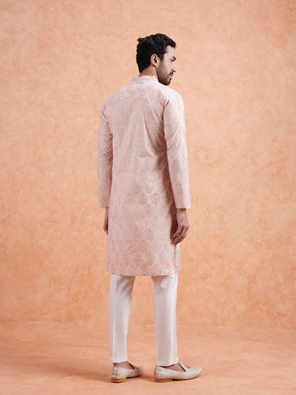 Pink Cotton Silk Woven Long Kurta
