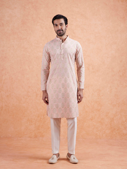 Pink Cotton Silk Woven Long Kurta