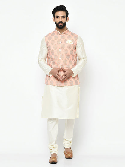 Pink Nehru Jacket Set â€“ Woven Ethnic Motifs Kurta with Cream Churidar â€“ Festive & Wedding Wear