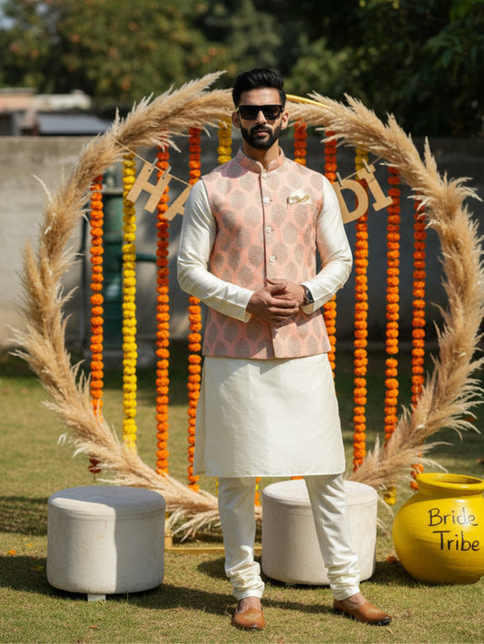 Pink Nehru Jacket Set – Woven Ethnic Motifs Kurta with Cream Churidar – Festive & Wedding Wear