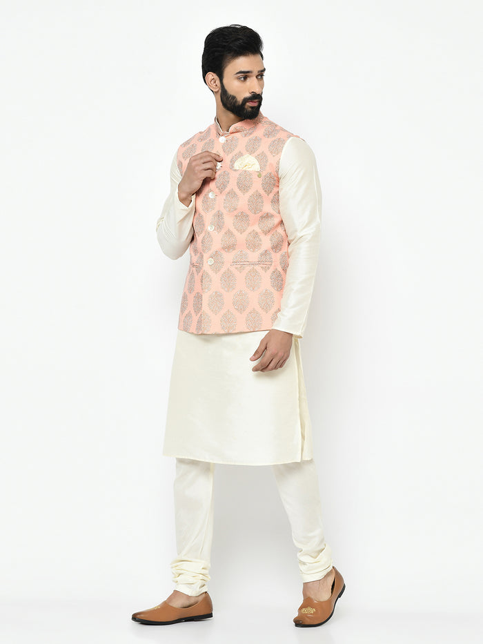 Pink Nehru Jacket Set â€“ Woven Ethnic Motifs Kurta with Cream Churidar â€“ Festive & Wedding Wear