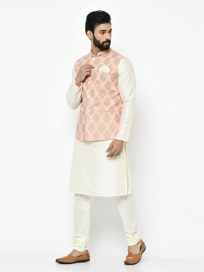 Pink Nehru Jacket Set â€“ Woven Ethnic Motifs Kurta with Cream Churidar â€“ Festive & Wedding Wear