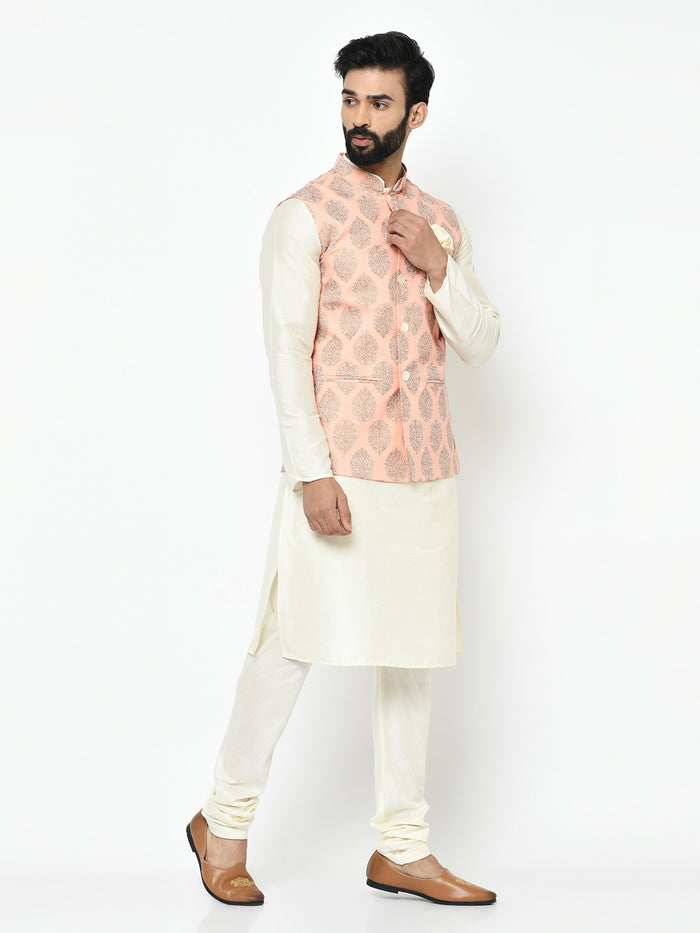 Pink Nehru Jacket Set â€“ Woven Ethnic Motifs Kurta with Cream Churidar â€“ Festive & Wedding Wear