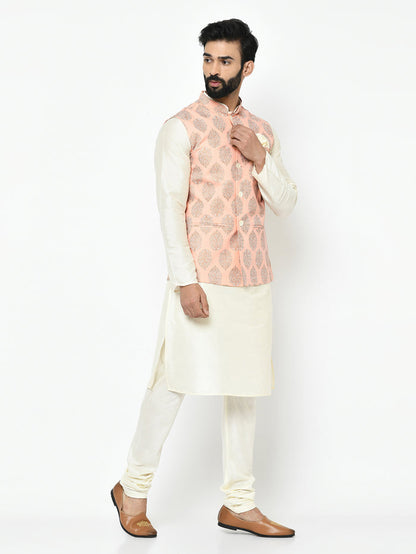 Pink Nehru Jacket Set â€“ Woven Ethnic Motifs Kurta with Cream Churidar â€“ Festive & Wedding Wear